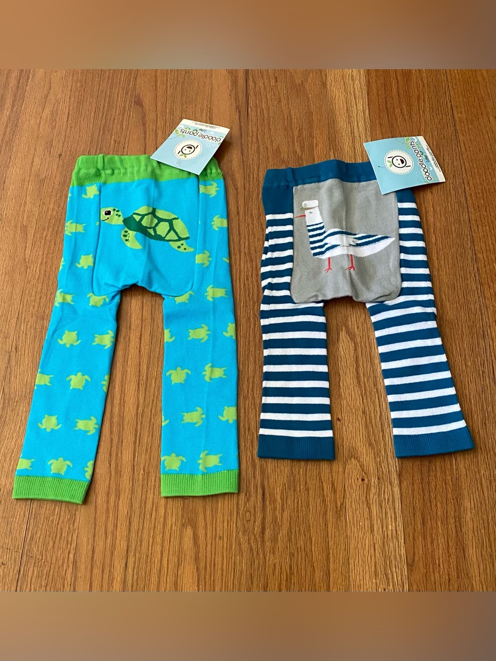 Doodle Pants Kids Leggings - Aqua Turtle & Navy Striped Seagull